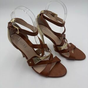 Guess Strappy Sandals camel and gold combination Elegant crisscross straps Sz 8
